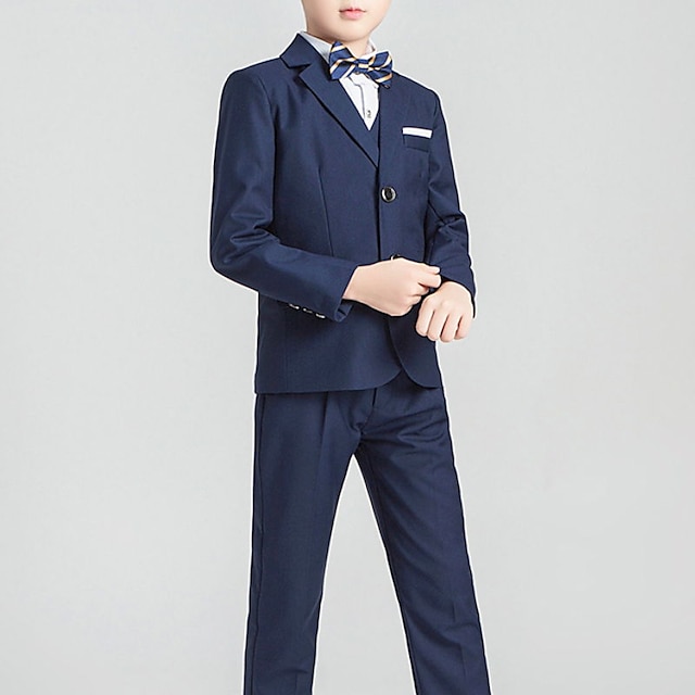  4 Pieces  Kids Boys Blazer Pants Formal Set Long Sleeve Clothing Set Solid Color Party Vacation Fashion Gentle Regular 3-13 Years Black Navy Blue