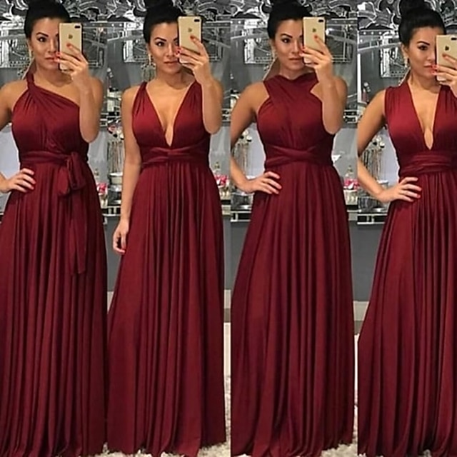  Linha A Vestido de Madrinha Decote V Sem Manga Conversível Longo Elastano com Faixa / Fita / Pregas 2022