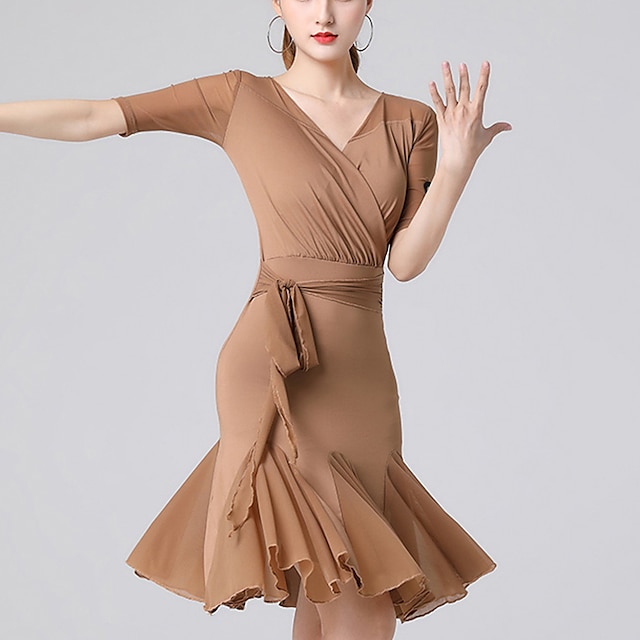  dança latina vestido de dança salsa latina faixa/fita desempenho feminino uso diário manga curta cristal algodão básico