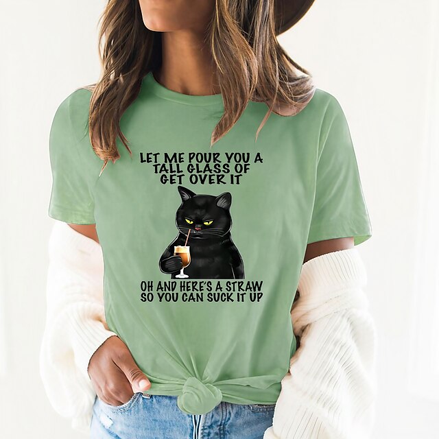  Women's T shirt Tee Green Pink Yellow Print Graphic Cat Daily Going out Short Sleeve Round Neck Basic 100% Cotton Regular Cat S