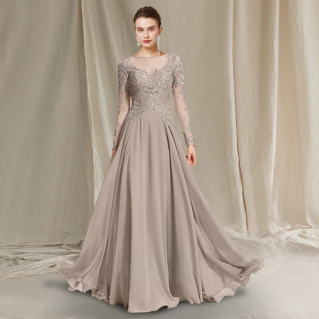 A-line Mother Of The Bride Dress Elegant Luxurious Jewel Neck Floor 