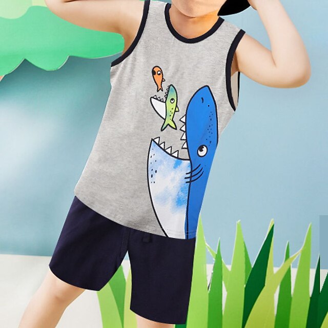 Baby & Kids Boys Clothing | Kids Boys Tank & Shorts Clothing Set 2 Pieces Sleeveless Gray Red Dinosaur Shark Print Street Outdoo