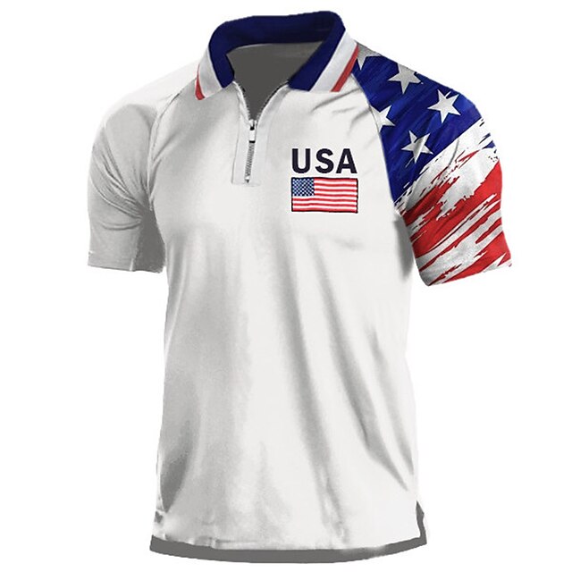 Men's Veterans Patriotic National Flag Polo Shirts Golf Shirt Short Sleeves Shirt Turndown Outdoor Street 3D Print Black White Zipper Print Clothing Apparel Fashion Casual Breathable Comfortable3