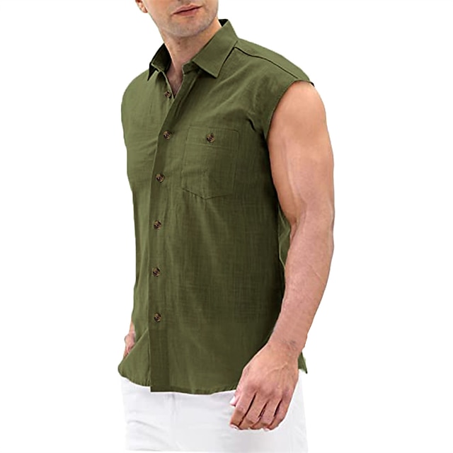  Men's Shirt Button Up Shirt Casual Shirt Summer Shirt Black Army Green Blue Khaki Sleeveless Striped Solid Colored Turndown Outdoor Street Button-Down Clothing Apparel Fashion Streetwear Cool Casual
