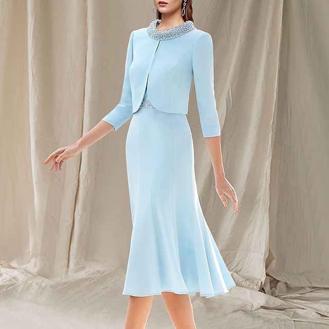  Zweiteilig Meerjungfrau Brautmutterkleid Hochzeitsgast Kirche Eleganter Juwelenhals Knielang dehnbarer Chiffon Ärmellos Kurzjacken-Kleider mit Perlen Renntag Kleid