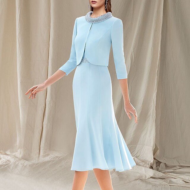 Two Piece Mermaid Mother of the Bride Dress Wedding Guest Church Elegant Jewel Neck Knee Length Stretch Chiffon Sleeveless Short Jacket Dresses with Beading Race Day Dress4