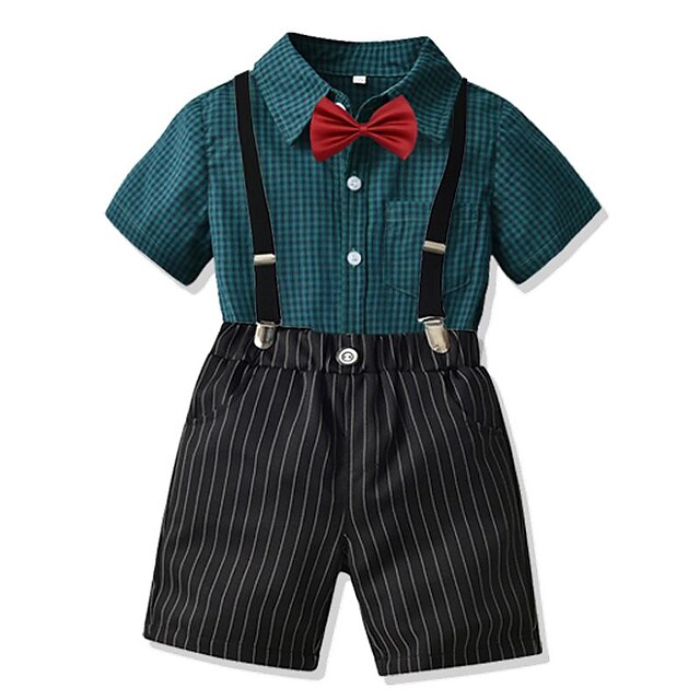 Baby & Kids Boys Clothing | Kids Boys Shirt & Shorts Clothing Set 2 Pieces Short Sleeve Green Plaid School Casual Daily 2-8 Year