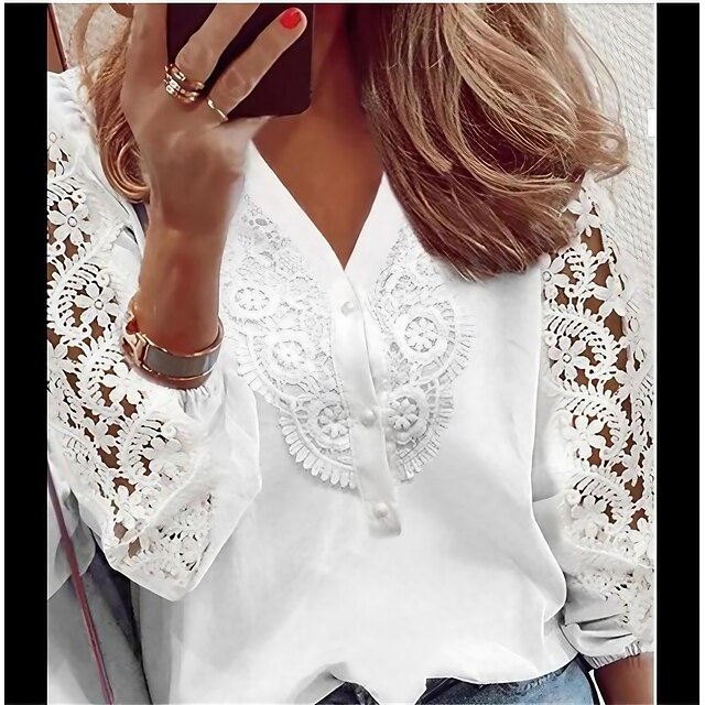  Women's Shirt Blouse White Pink Lace Cut Out Graphic Floral Work Casual Long Sleeve V Neck Elegant Regular S