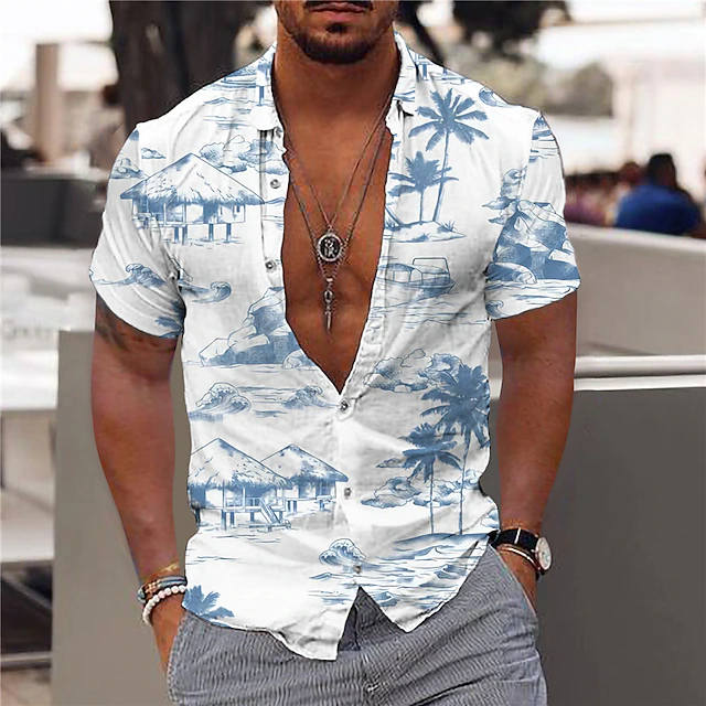 Men's Shirt Graphic Shirt Aloha Shirt Leaves Turndown Black White ...