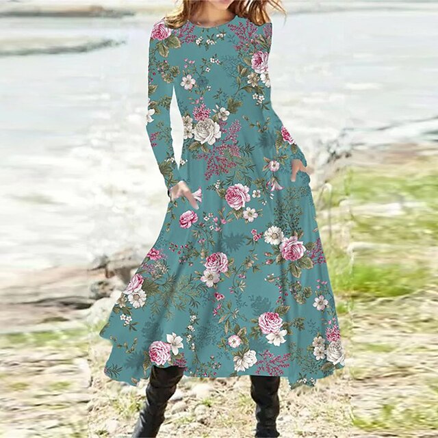 Women S A Line Dress Midi Dress Green Black Pink Long Sleeve Floral Pocket Print Fall Spring Round Neck Casual Vacation 22 S M L Xl Xxl 3xl 22 35 39