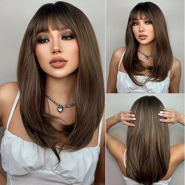 Beauty & Hair Wigs & Hair Pieces | HAIRCUBE Hair Ombre Brown Black Blonde Long Natural Straight Wigs With Side Part for Women - 