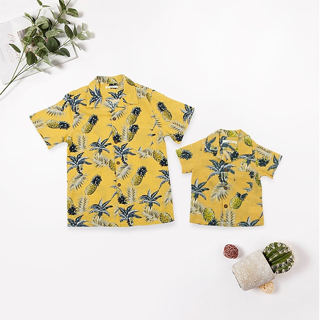 Baby & Kids Matching Outfits | Dad and Son Tops Pineapple Street Print Yellow Short Sleeve Active Matching Outfits - MD89371