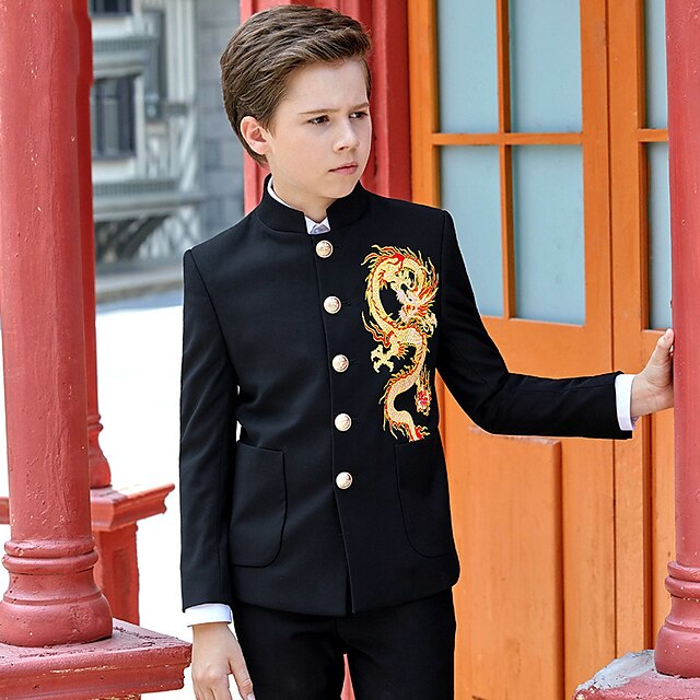 Baby & Kids Boys Clothing | Kids Boys Suit & Blazer Shirt & Pants 3 Pieces Long Sleeve Black Red Dragon Print School Formal Form