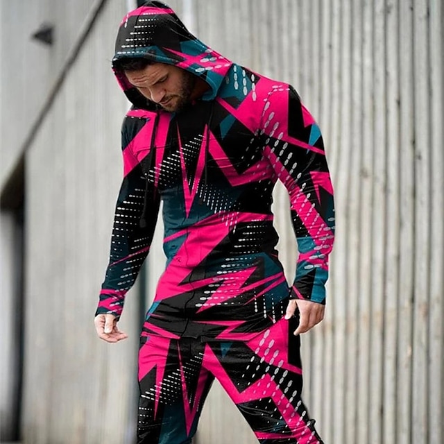  Men's Tracksuit Hoodies Set Yellow Light Green Pink Purple Green Hooded Graphic Geometric 2 Piece Print Sports & Outdoor Casual Sports 3D Print Streetwear Sportswear Basic Spring Fall Clothing Apparel