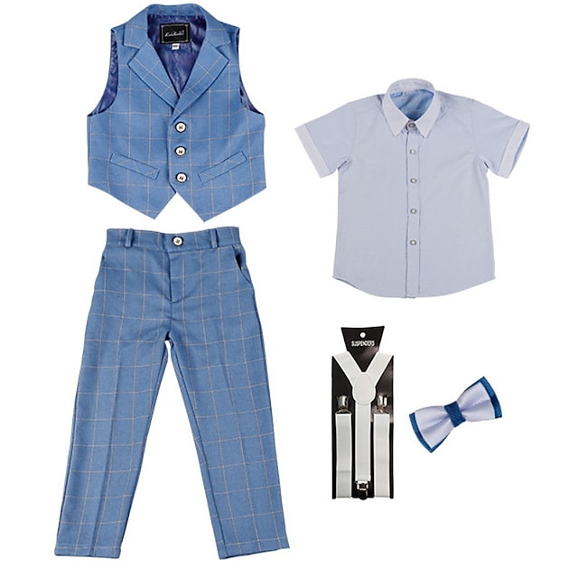 Baby & Kids Boys Clothing | Kids Boys T-shirt & Pants Tank & Pants Clothing Set 5 Pieces Short Sleeve Blue Plaid School Vacation