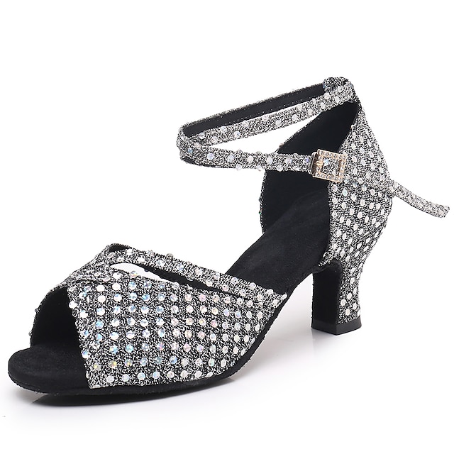  Women's Latin Shoes Dance Shoes Prom Practice Professional Flashing Shoes Sparkling Shoes Party / Evening Professional Crystal / Rhinestone High Heel Round Toe Buckle Adults' Black