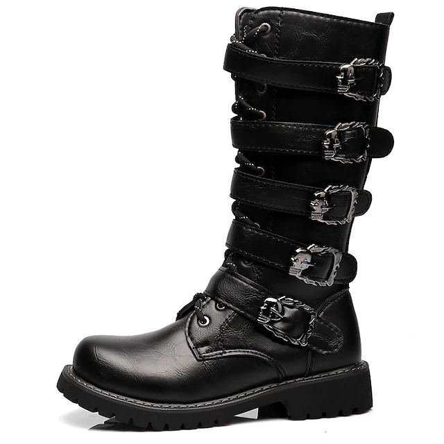 Women's Black Gothic Motorcycle Boots with Skull Buckle Straps and Rugged Sole, Punk Rock Combat Boots for Biker Style 6
