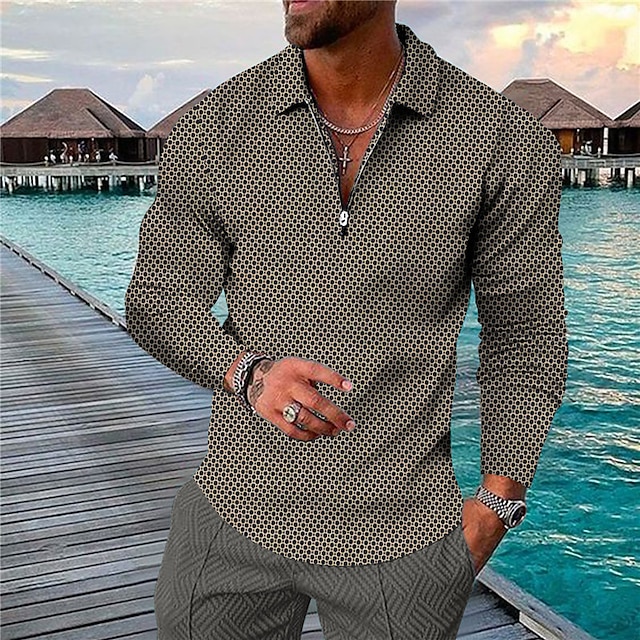  Herren Geometrisch Hawaiianische Polohemden Golfshirt Langarm Polo-Shirts Hemden mit Kragen Lässig Strandbekleidung Urlaubskleidung Party-Outfits 3D-Druck Viertelreißverschluss-Poloshirt Gelb Rote