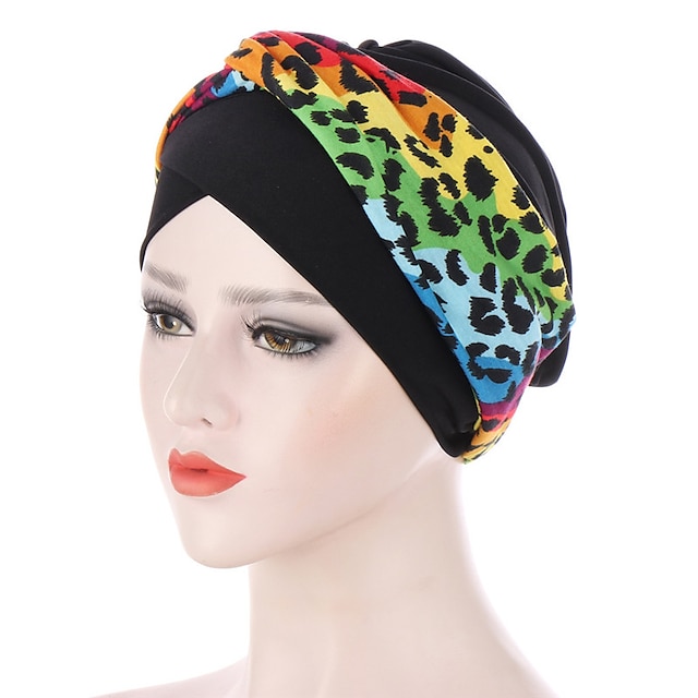  Chapéu africano elástico macio com estampa de leopardo lenço de cabeça feminino chapéu turbante touca hijab hijab interno para boné cocar muçulmano