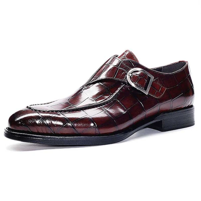 Men's Burgundy Crocodile Pattern Faux Leather Monk Strap Dress Shoes – Elegant Buckle Design Formal Footwear for Wedding, Business and Special Occasions 8