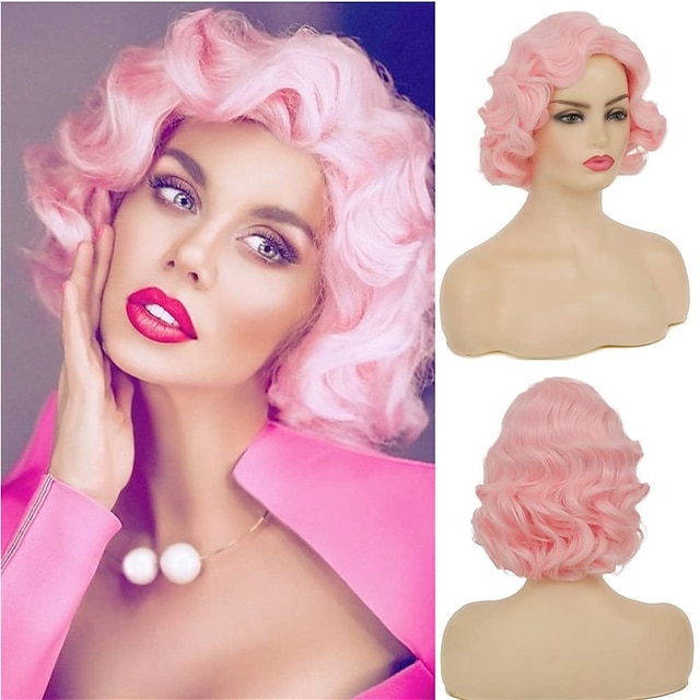  korta rosa lockiga fingerperuker för kvinnor syntetisk våg hel peruk cosplay halloween flapp vintage mamma peruk