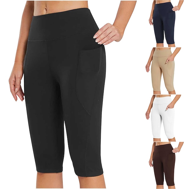  Women's Yoga Pants Side Pockets Butt Lift Tummy Control High Waist Pilates Gym Workout Running Capri Leggings Bottoms Solid Color Black White Dark Navy Sports Activewear High Elasticity Skinny