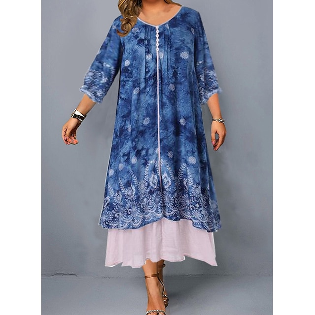 Womens Clothing Plus Size Collection | Womens Plus Size Shift Dress Floral V Neck 3/4 Length Sleeve Spring Summer Casual Midi Dr