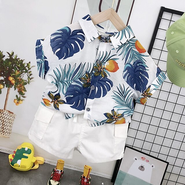 Baby & Kids Boys Clothing | Kids Boys Shirt & Shorts Clothing Set 2 Pieces Short Sleeve White Khaki Beige Floral Leaf Street Out