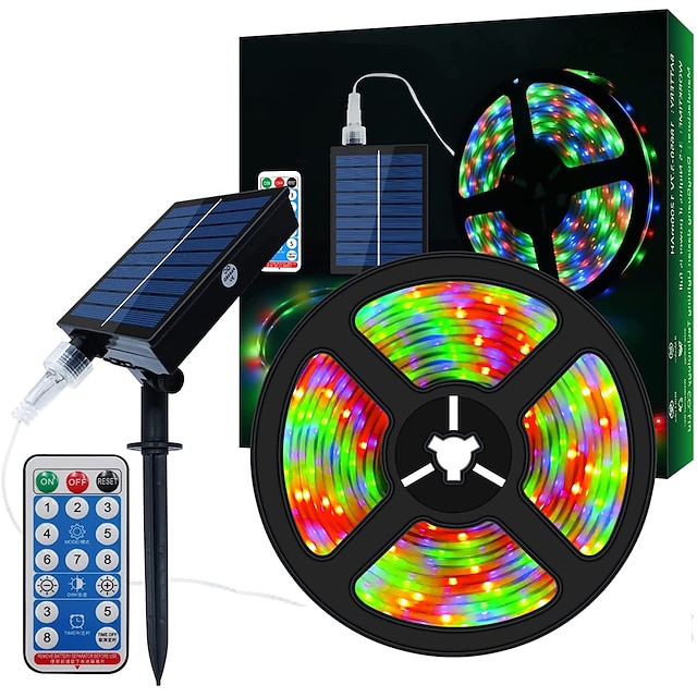  حبل إضاءة يعمل بالطاقة الشمسية بطول 5 متر و 16.4 قدمًا RGB 300 مصباح LED SMD2835 مع جهاز تحكم عن بعد 8 أوضاع متغيرة الألوان لشحن USB بقوة 1000 مللي أمبير في الساعة IP67 ديكور خارجي مقاوم للماء