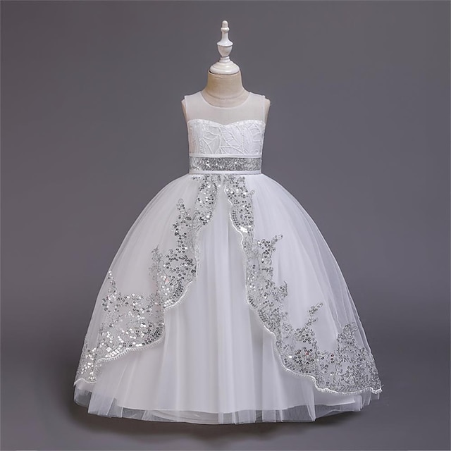  Kinder Wenig Mädchen Kleid Einfarbig Blume A Linie Kleid Party Besondere Anlässe Pailletten Bestickt Weiß Champagner Rote Midi Ärmellos Prinzessin nette Art Kleider Frühling Sommer Schlank 4-13 Jahre
