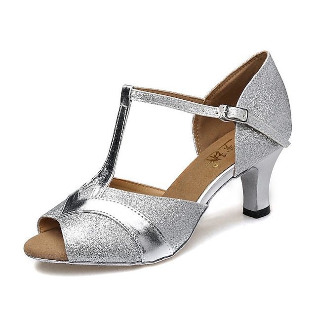  Dames Latin schoenen Dansschoenen Professioneel ChaCha Rumba Sprankelende schoenen Stijlvol Eenvoudig Glitter Gesp T-riempjes Volwassenen Geel Bruin Zilver