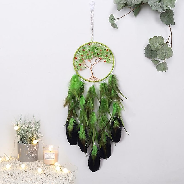  vida da árvore verde apanhador de sonhos presente artesanal gancho de penas sino de vento ornamento de parede decoração arte estilo boho 16*70cm