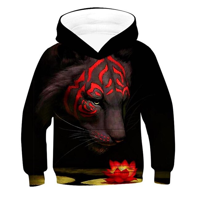 Baby & Kids Boys Clothing | Kids Unisex Hoodie Long Sleeve 3D Print Graphic Patterned Tiger Animal Pocket Black Children Tops Fa