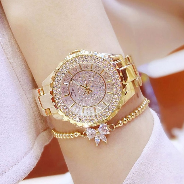  Wrist Watch Quartz Watch for Women Full Diamond Crystal Analog Quartz Glitter Fashion Luxury Bling Rhinestone Bracelet Stainless Steel