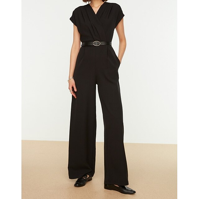 Damen Jumpsuit Feste Farbe Überlagerung Bedruckt Elegant V Ausschnitt