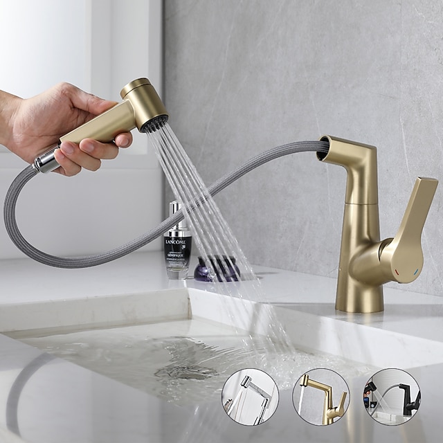  Bathroom Sink Faucet with Pull Out Spray,Brass Liftable 3-modes Electroplated / Painted Finishes Centerset Single Handle One Hole Lavatory Rotating Spout for Cold and Hot Water Bath Taps