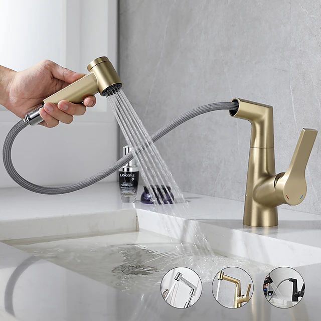 Bathroom Sink Faucet with Pull Out Spray,Brass Liftable 3-modes Electroplated / Painted Finishes Centerset Single Handle One Hole Lavatory Rotating Spout for Cold and Hot Water Bath Taps 13