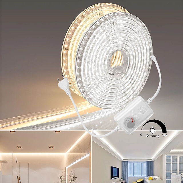  Tira de luces led impermeable de 30m y 98 pies, cinta de cuerda regulable a prueba de agua con atenuador para cocina, armario, armario, patio, retroiluminación, 220v