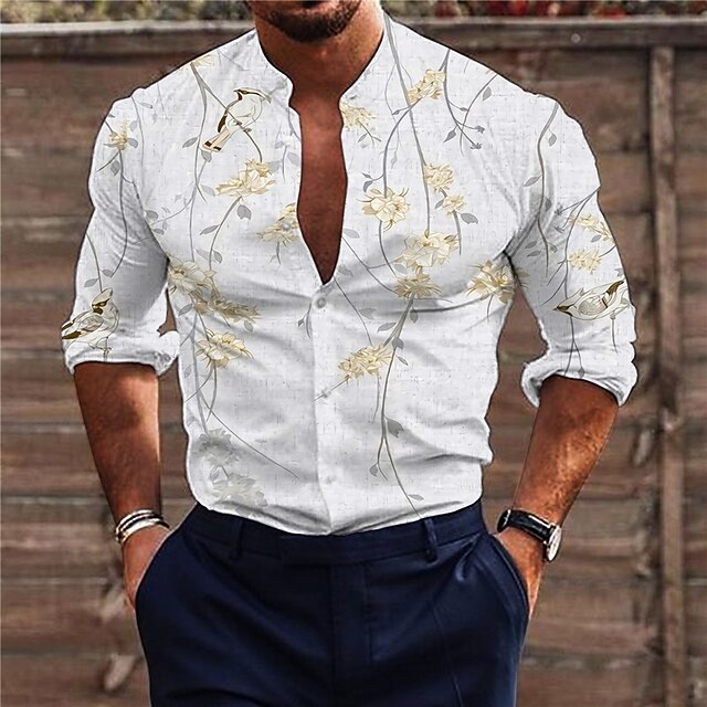 Men's Floral Shirt Button Up Shirt Long Sleeve Fashion Designer Casual Outdoor Holiday Summer Spring Stand Collar Print Button-Down White3