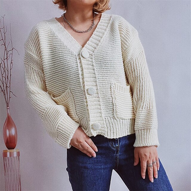  Women's Cardigan Sweater Jumper Ribbed Knit Pocket Knitted V Neck Pure Color Home Going out Stylish Casual Winter Fall Blue Pink S M L