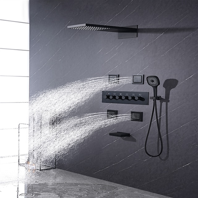  Robinet de douche, système de douche à effet pluie Mitigeur thermostatique à 5 fonctions ensemble de massage à jet de corps douche à effet pluie cascade de douche à jets multiples finitions peintes