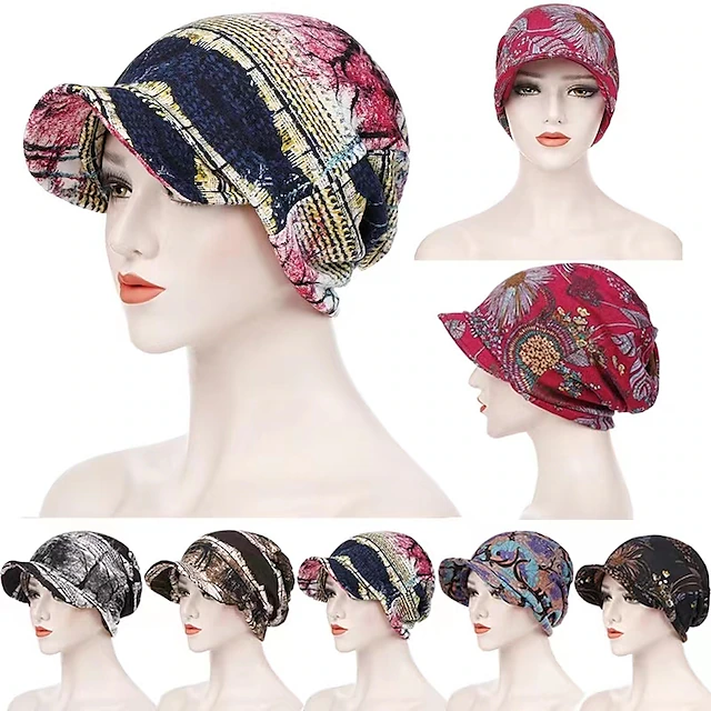 Women's Print Beanies Hat Female Autumn Winter Cotton Baseball Hats Ponytail Vintage Warm Turban Cap Visors Caps 12