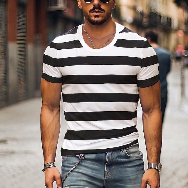  男性用 Tシャツ クールなシャツ ストライプ クルーネック プリント ストリート カジュアル 半袖 衣類 ファッション クラシック 黒と白 快適