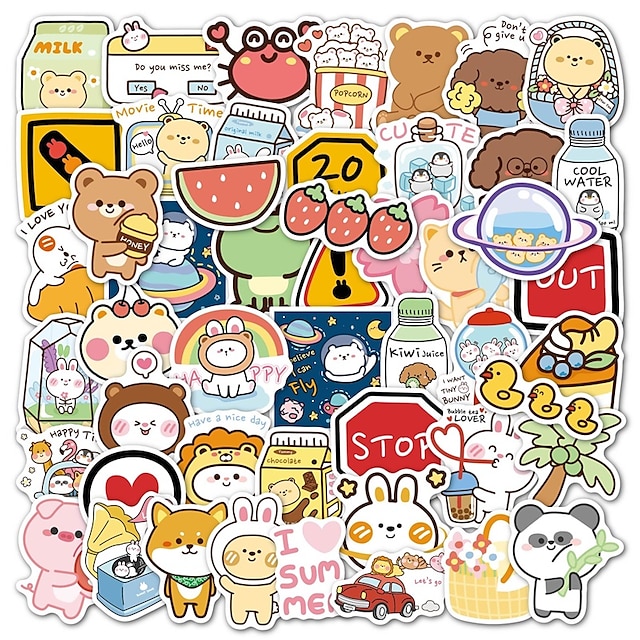  100 PCS Food Animal Stickers for Student Notebook Gifts Waterproof Self-adhesive Cartoon for Women Men Girls