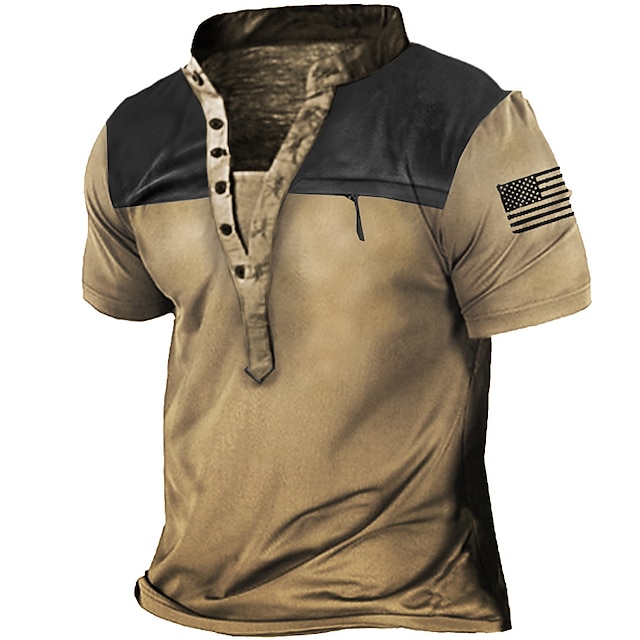  Men's Tactical Zip Pocket Henley Collar T-Shirt Tee shirt Military Shirt Short Sleeve V Neck Tee Tshirt Top Outdoor Breathable Quick Dry Lightweight Soft Summer Patchwork Khaki Gray Green
