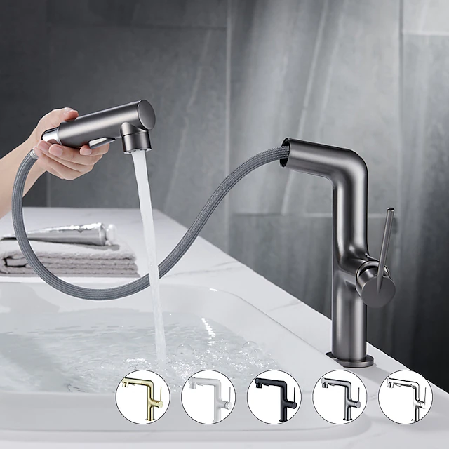 Bathroom Sink Faucet with Pull Out Spray,Brass 3-modes Electroplated / Painted Finishes Centerset Single Handle One Hole Lavatory Rotating Spout for Cold and Hot Water Bath Taps 16