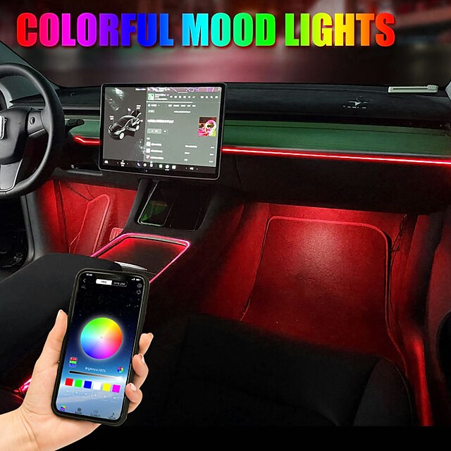  أضواء محيطة للديكور الداخلي للسيارة، مصابيح LED باردة RGB للوحة القيادة، أضواء شريط نيون مع تطبيق للتحكم بالبلوتوث وموسيقى