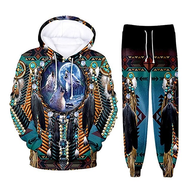 Men's Tracksuit Hoodies Set Black Hooded Graphic Wolf 2 Piece Print Sports & Outdoor Casual Sports 3D Print Basic Streetwear Sportswear Fall Spring Clothing Apparel Hoodies Sweatshirts  Long Sleeve2