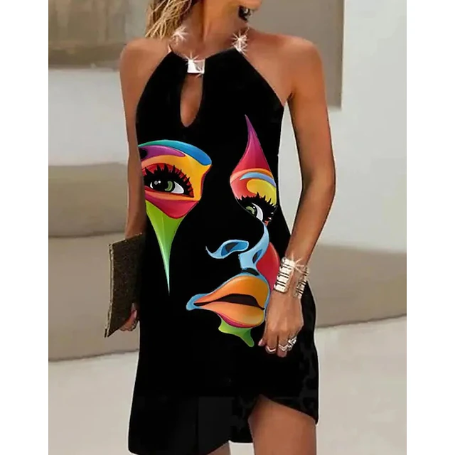 Women's Mini Dress Sundress Shift Dress Fashion Modern Vacation Daily Going out Regular Fit Abstract Sleeveless Halter Neck Cold Shoulder Black Summer Spring4