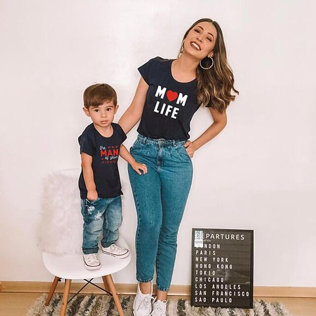 Baby & Kids Matching Outfits | Mommy and Me T shirt Tops Heart Letter Daily Print Black Pink Wine Short Sleeve Basic Matching Ou